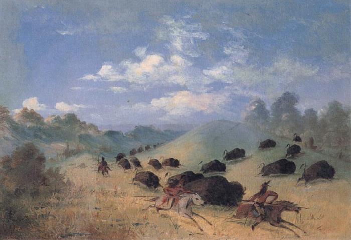George Catlin Comanche Indians Chasing Buffalo with Lances and Bows oil painting image